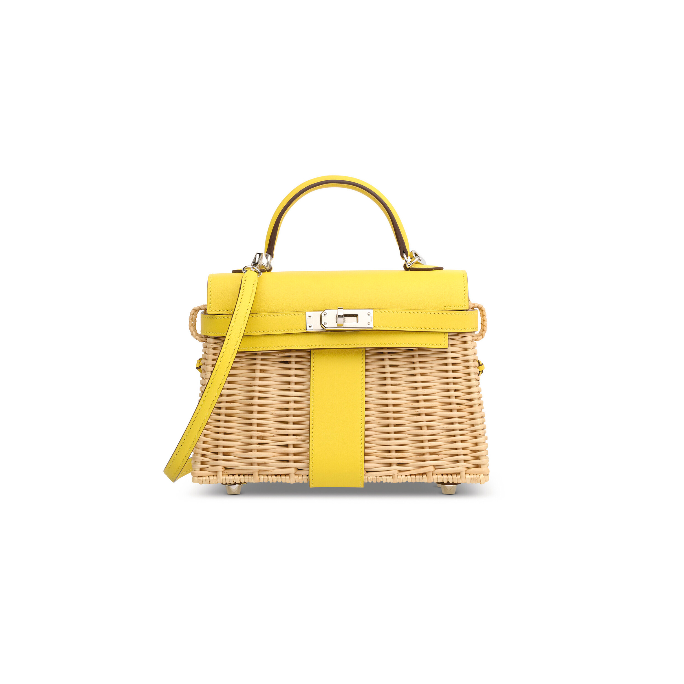 H**mes master jaune de naples swift leather & osier mini picnic kelly with palladium hardware (20*14*8cm)
